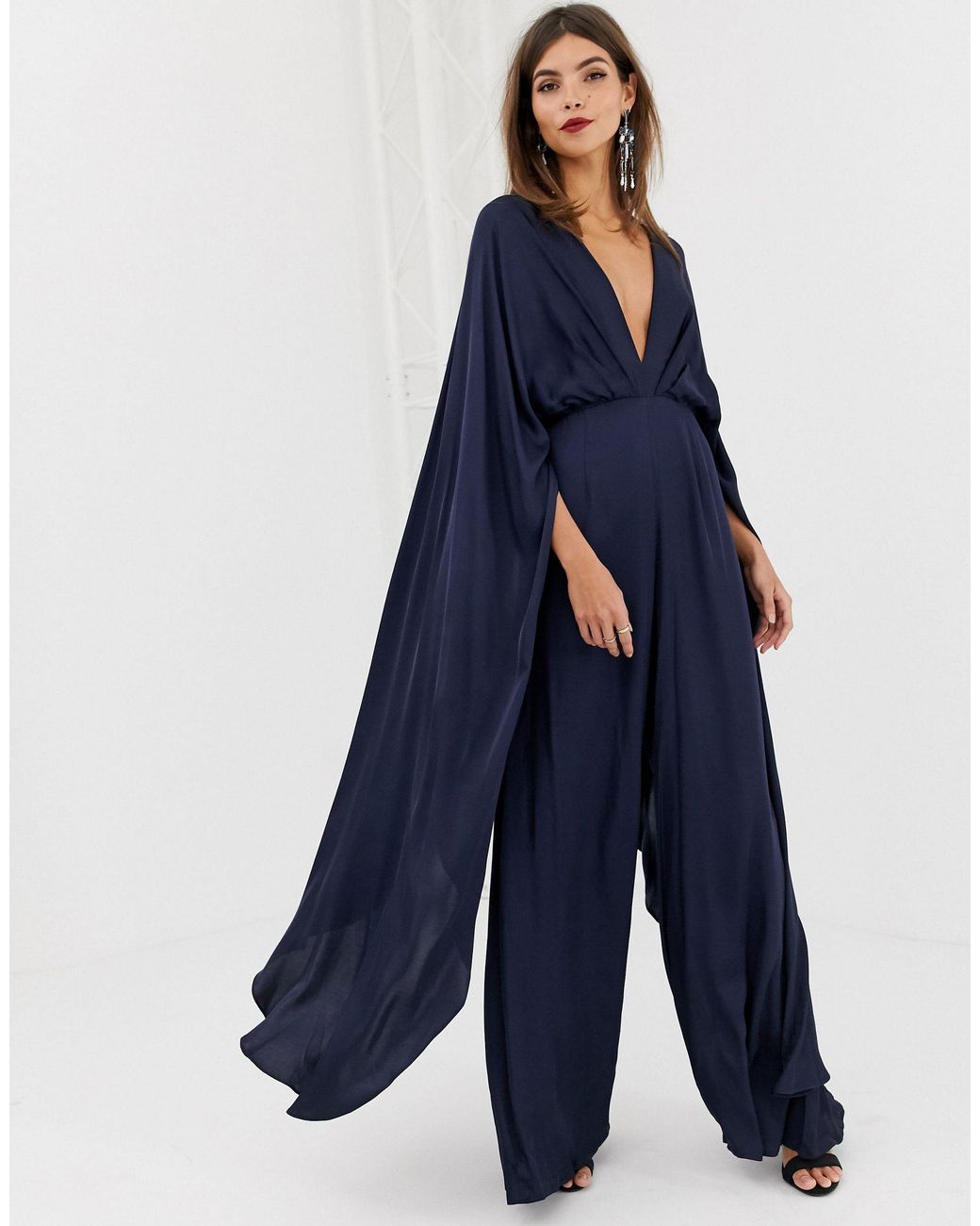 ASOS Cape Sleeve Jumpsuit in Blue | Lyst