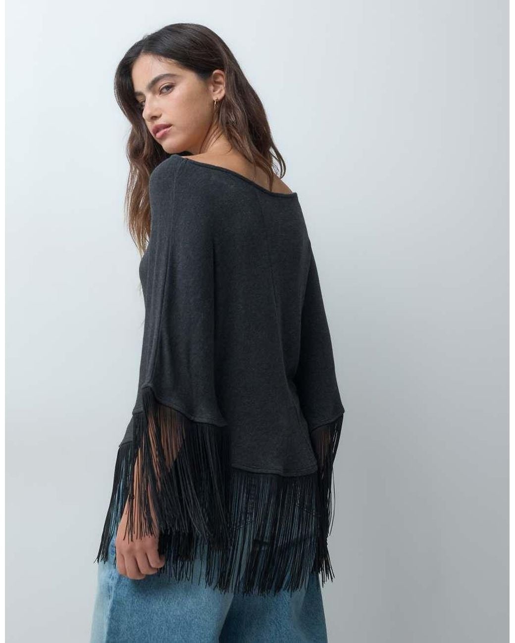 ASOS Blue Off Shoulder Cape With Fringe Top