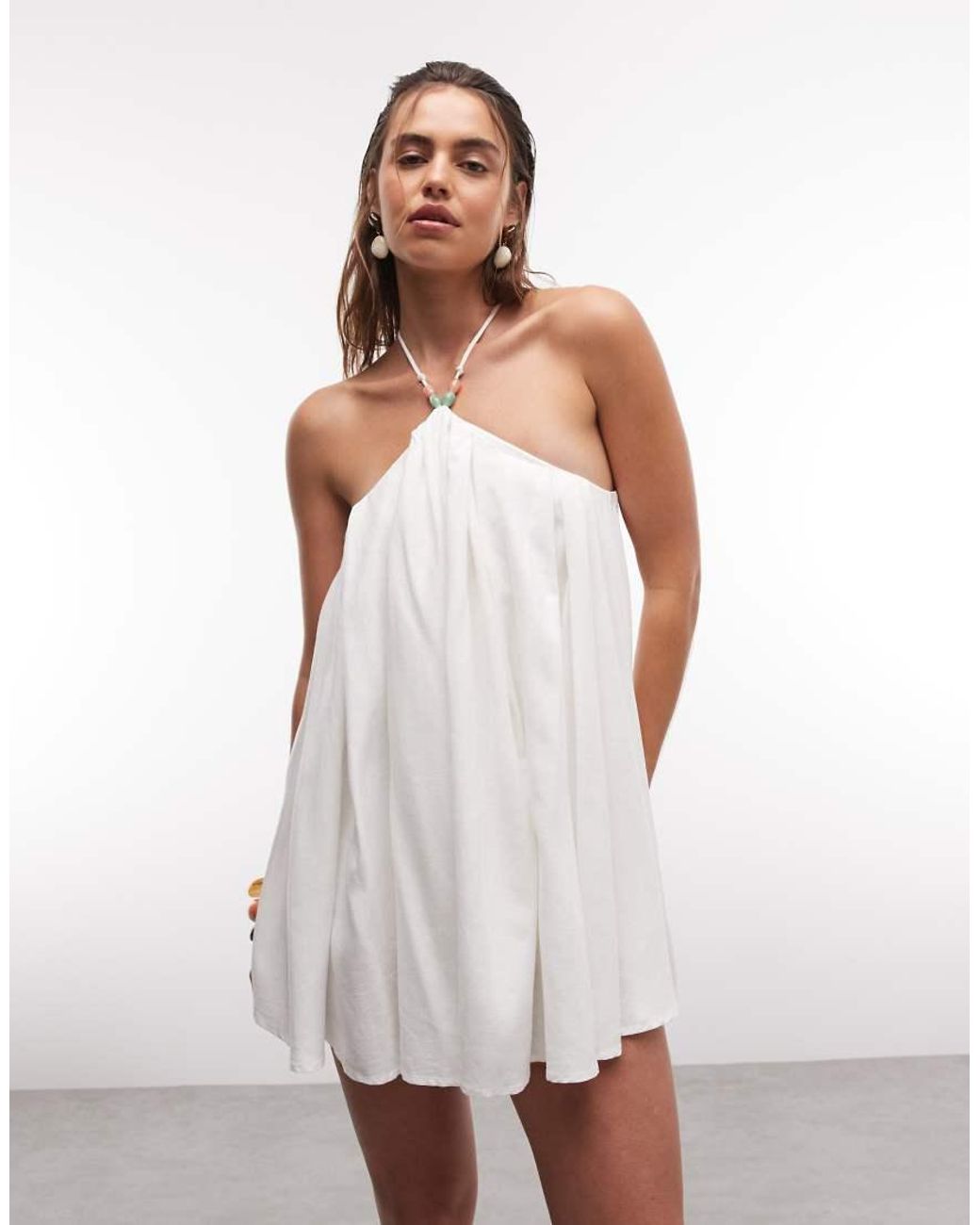 Noughts & Kisses White Linen Blend Beaded Strap Detail Halterneck Lace Up Back Mini Dress
