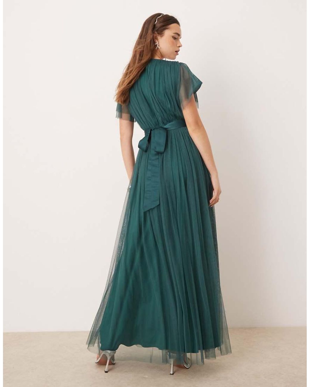 ANAYA Green Faux Wrap Short Sleeve Bridesmaid Maxi Dress