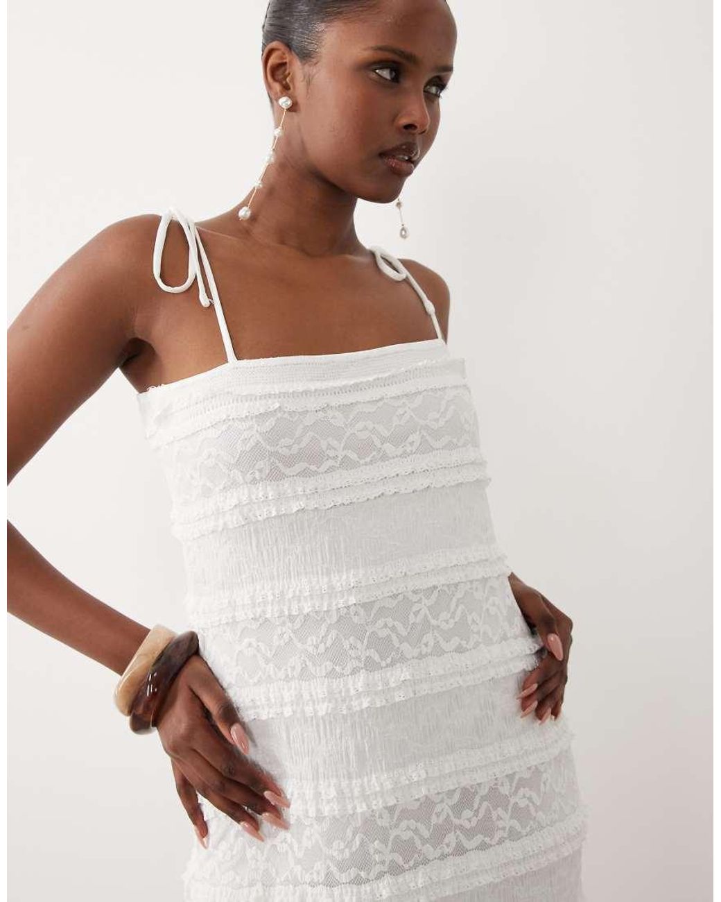 Vero Moda White Stretch Floral Lace Maxi Dress With Tie Cami Straps