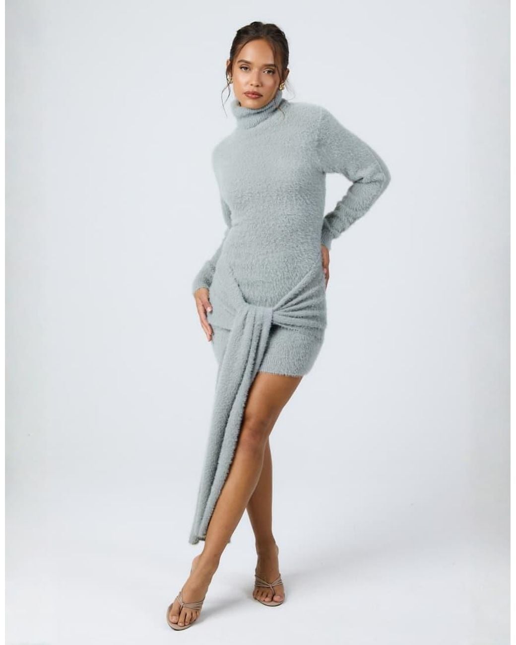 Aria Cove Gray Fluffy Knit Turtle Neck Knot Front Drape Detail Mini Dress