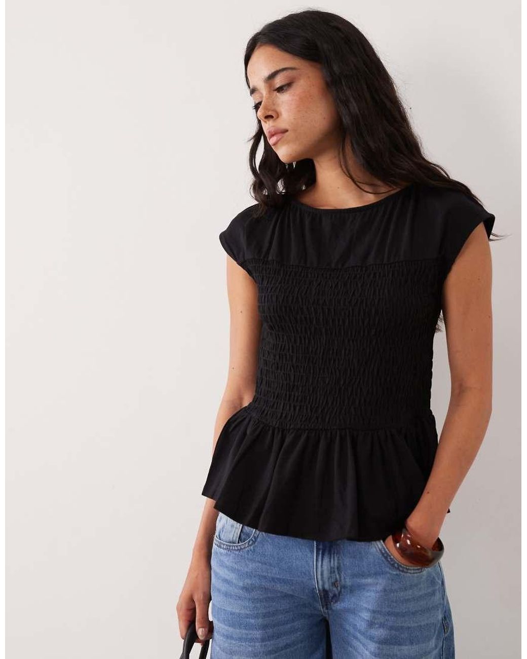 Threadbare Black Jersey Cap Sleeve Shirred Top
