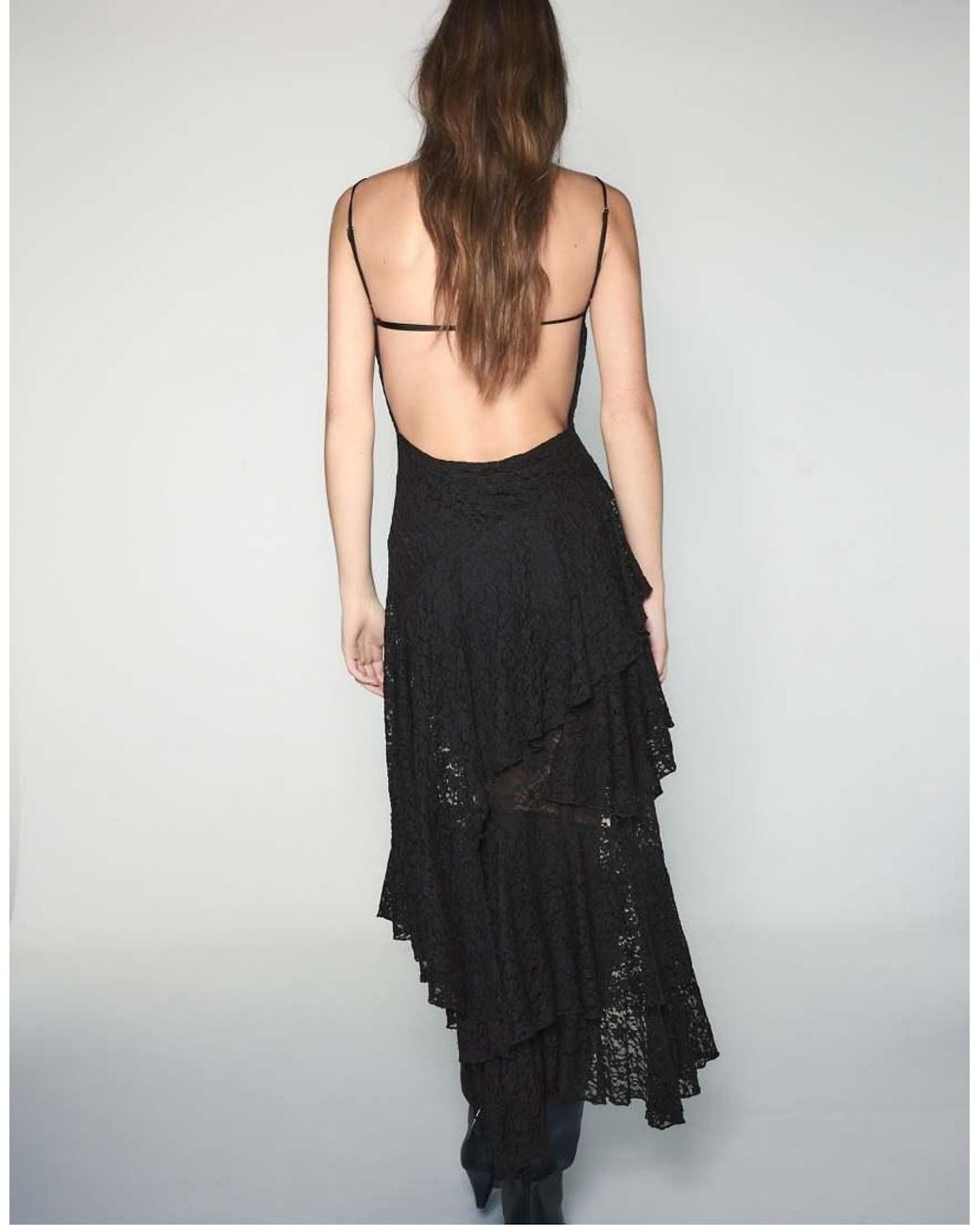 Stradivarius Black Asymmetric Lace Midi Dress