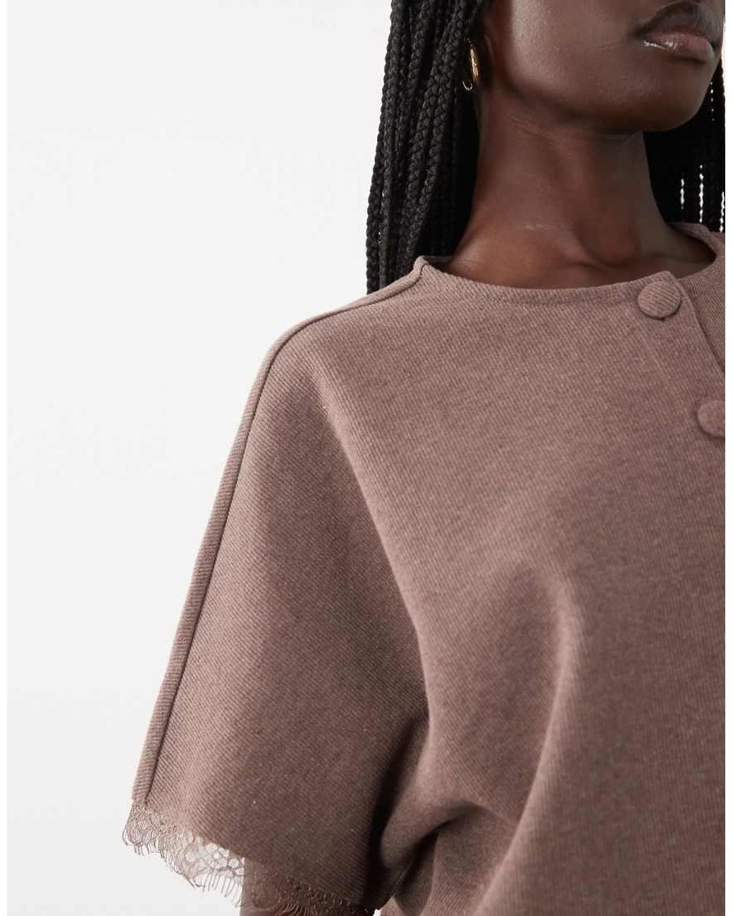 Miss Selfridge Brown Batwing Button Up Top With Lace Trim