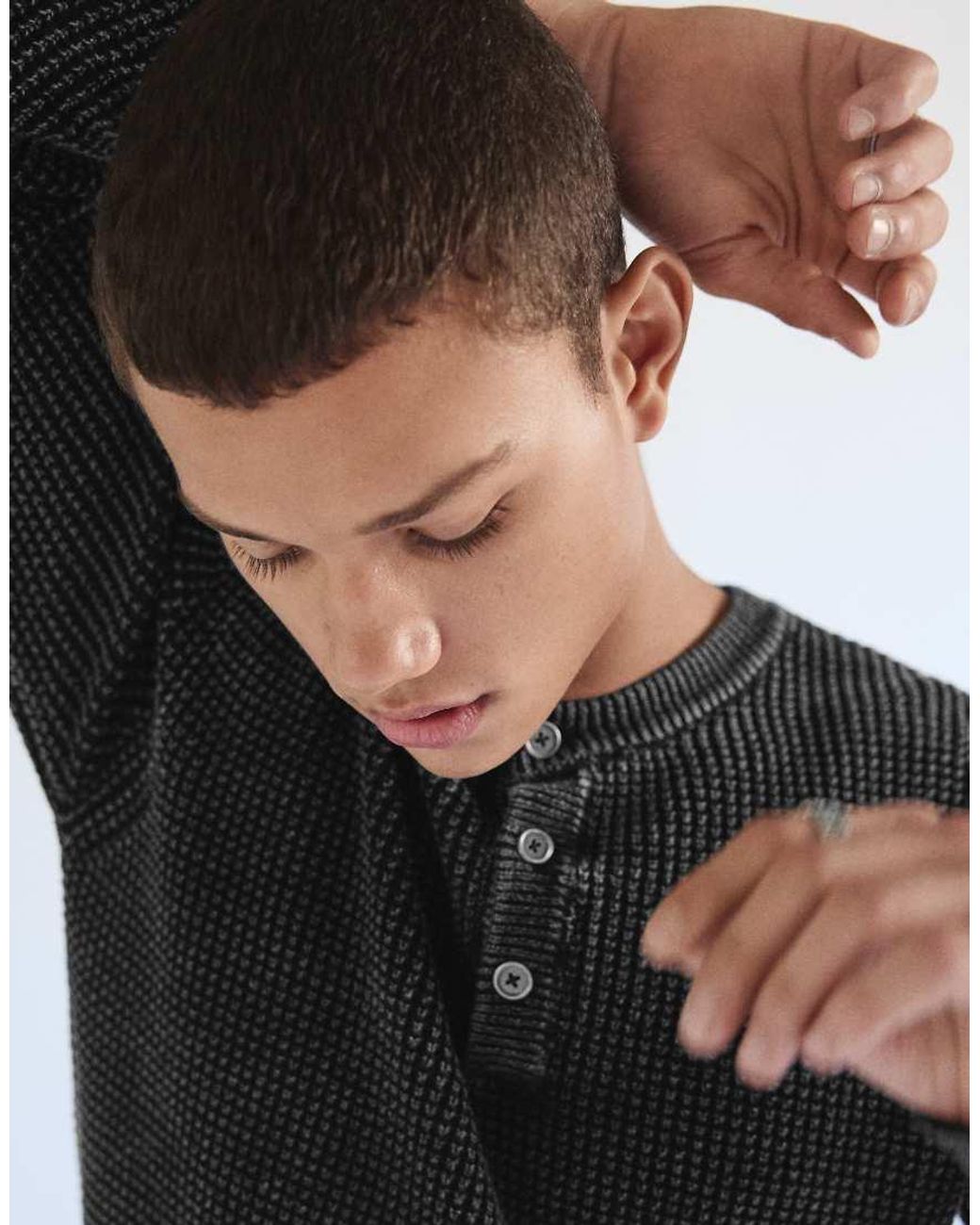 Bershka Black Washed-Effect Henley Jumper for men