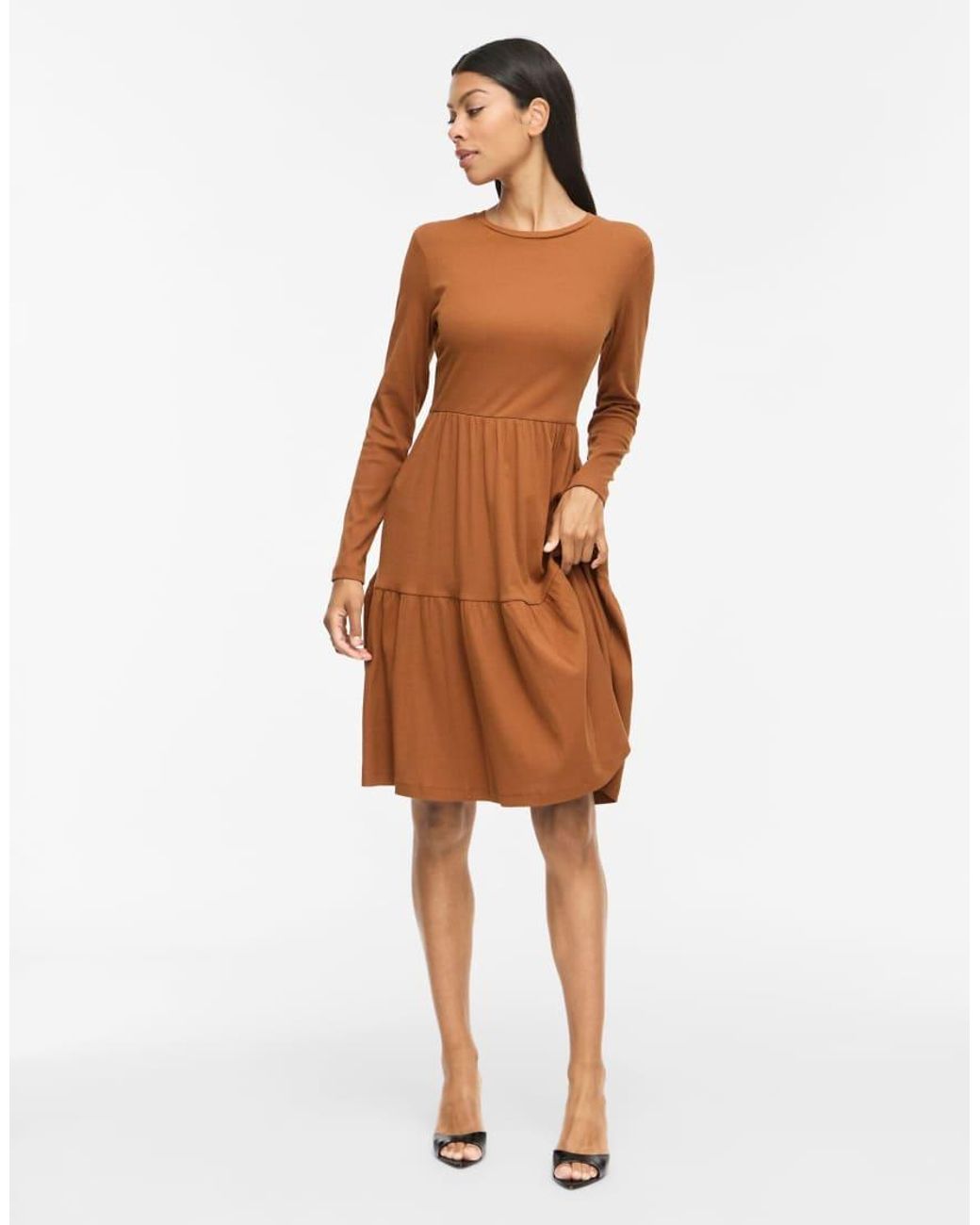 Vila Brown Sleeved Vihollie Ribbed Crew Neck Long Sleeve Medium Midi Dress