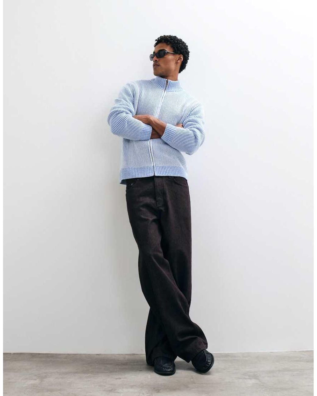 ASOS Blue Knitted Oversized Zip Through Ribbed Funnel Neck for men