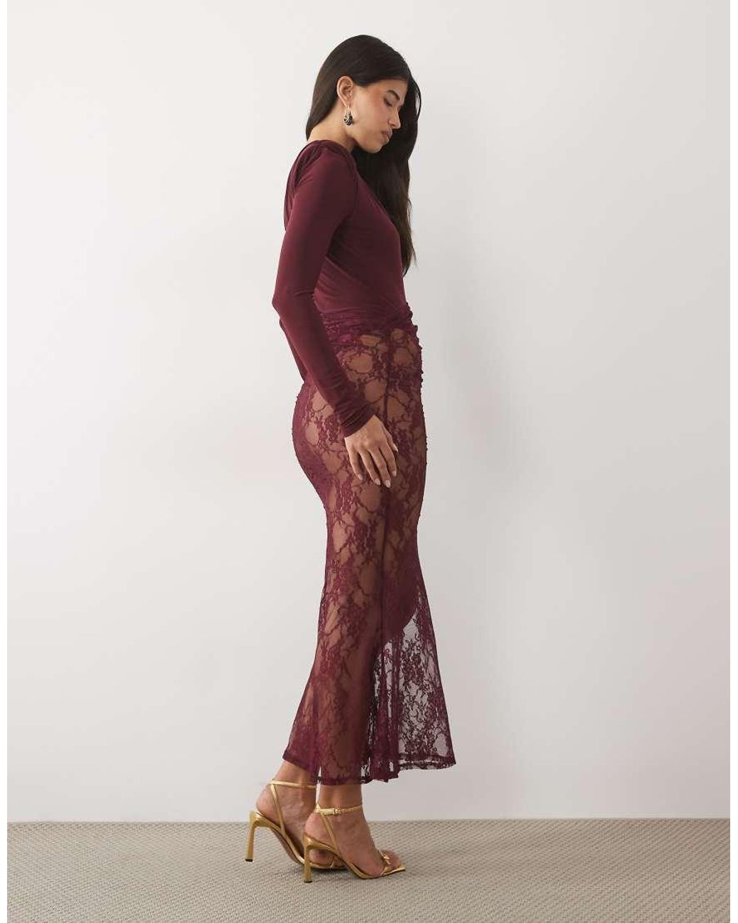 ASOS Red Long Sleeve Lace Maxi Dress With Drape Detail