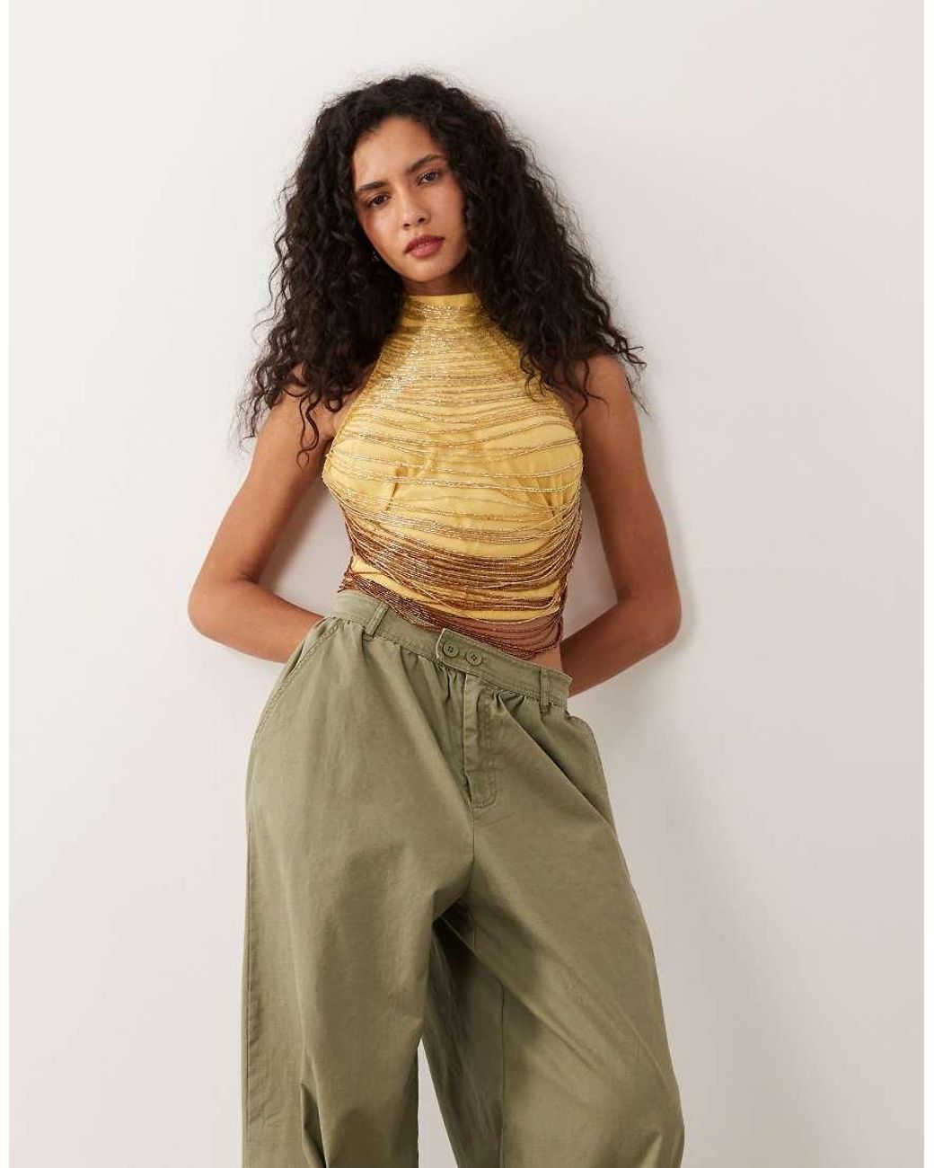 ASOS Metallic Halterneck Open Back Drape Beading Top