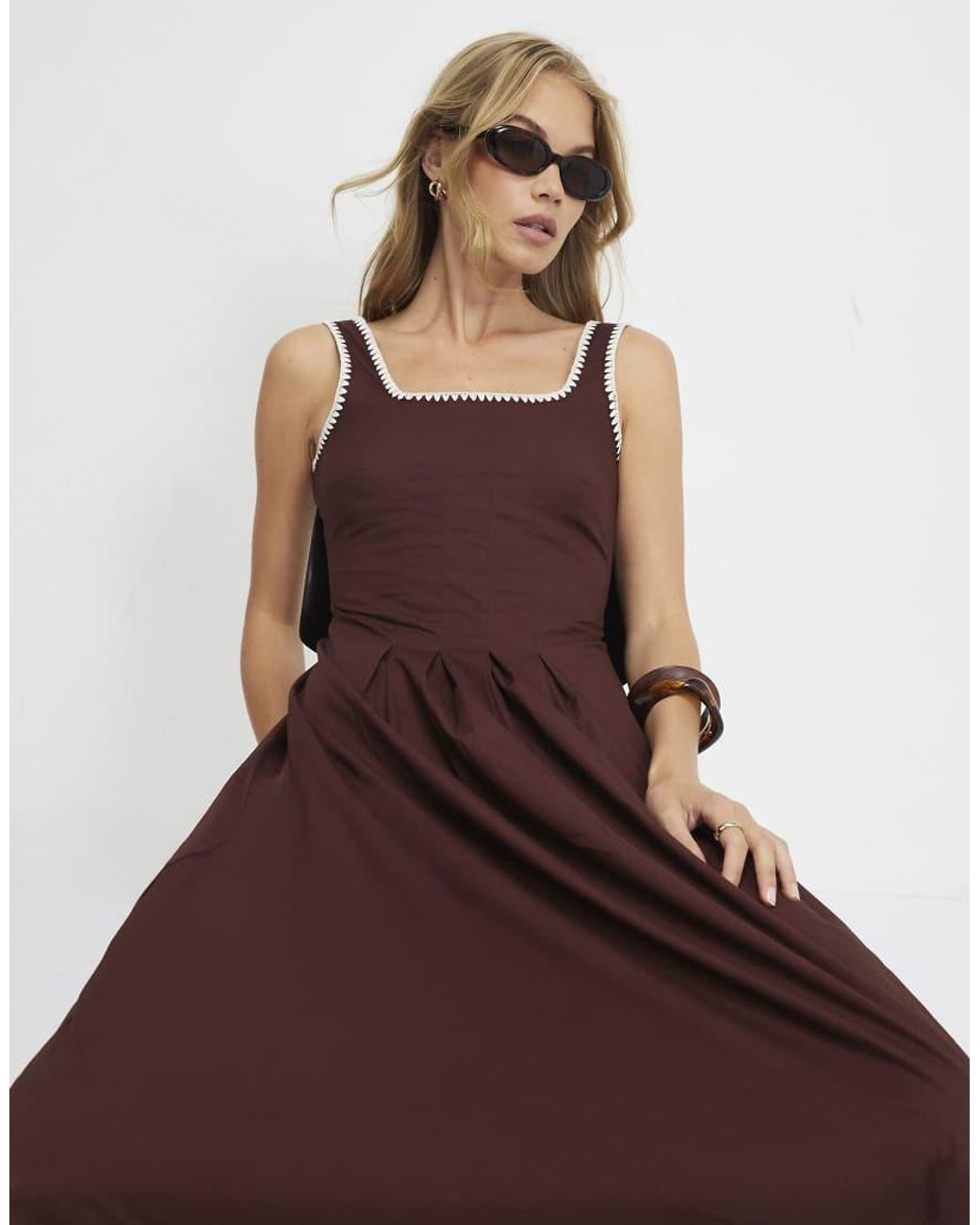 River Island Brown Pleated Poplin Midi Dress