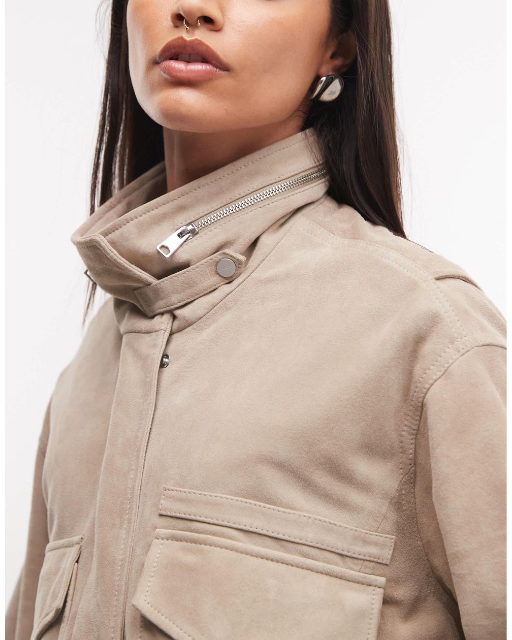 AllSaints Natural Clay Suede Leather Funnel Neck Jacket With Pocket Detailing