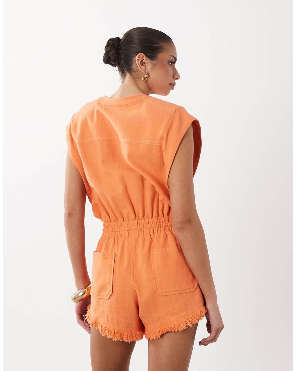 Noughts & Kisses Orange Cotton Rich Frayed Shorts Detail Sleeveless Playsuit