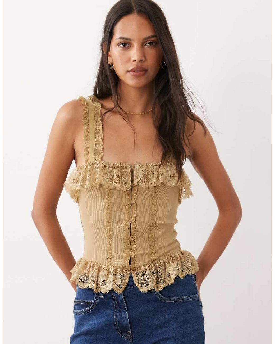 Miss Selfridge Blue Button Through Cami Corset Top With Lace