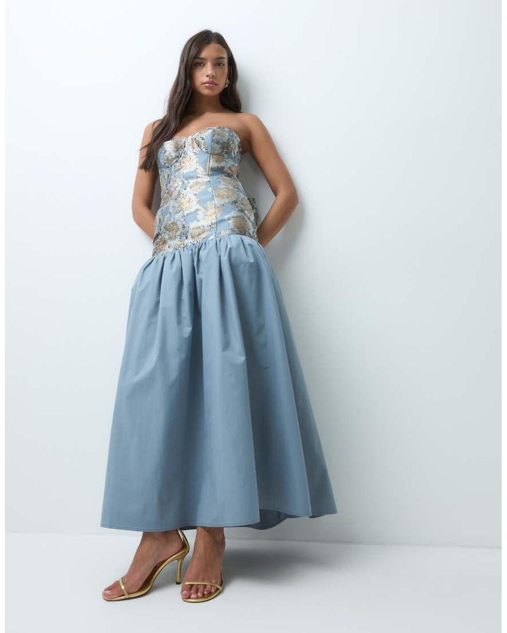 ASOS Blue Jacquard Bodice Drop Waist Maxi Dress With Bow Back