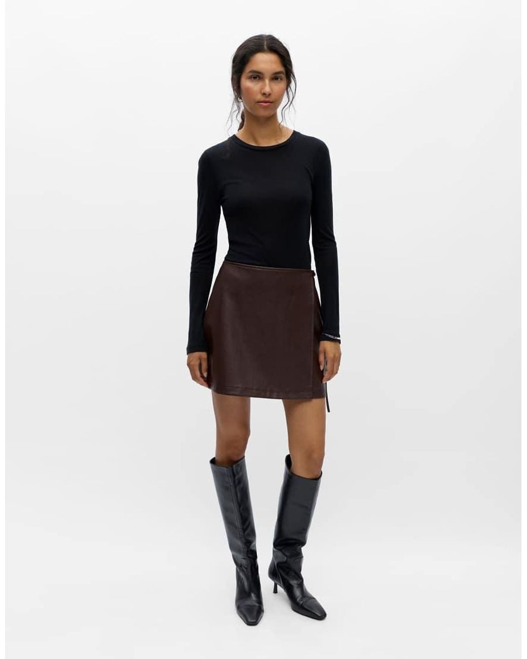 Object Black Olive Faux Leather Mid Waist Medium Wrap Mini Skirt