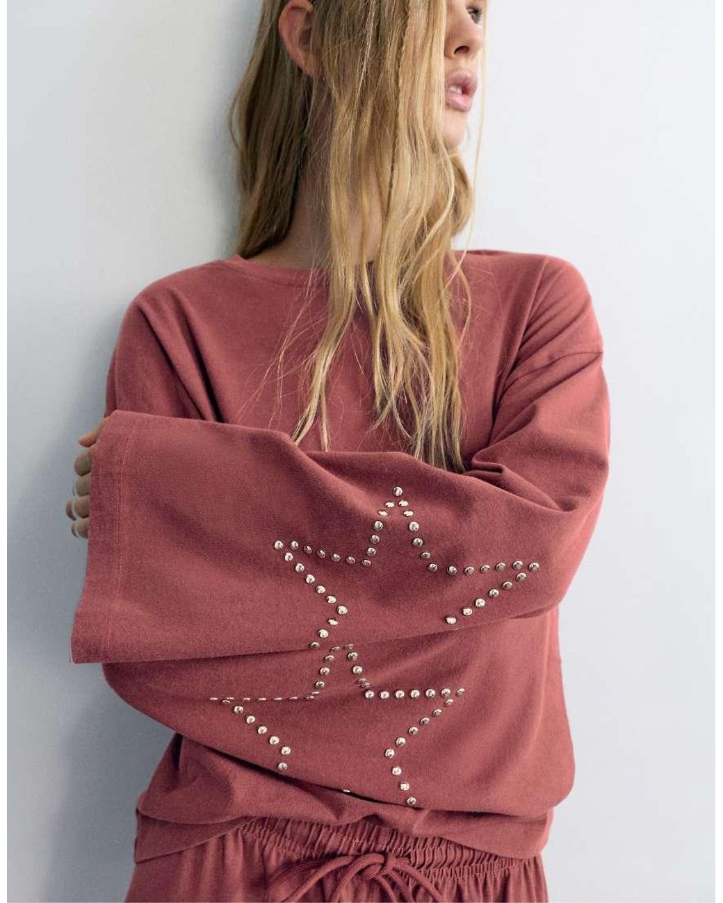 Pull&Bear Red Stud Star Long Sleeve T-shirt