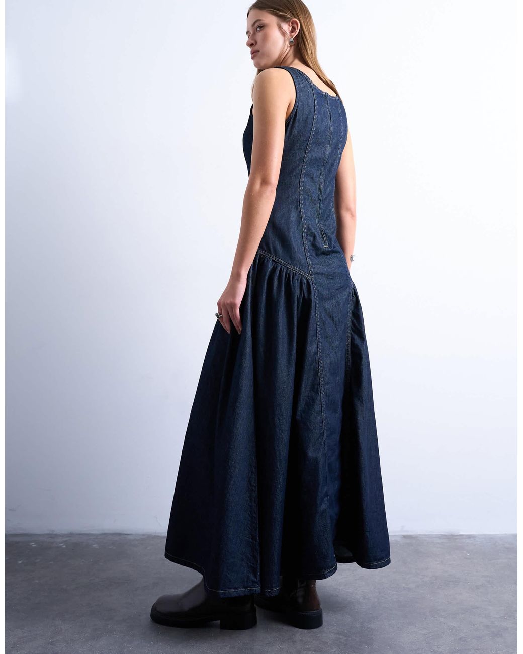 topshop denim sleeveless maxi dress in dirty blue Denim godet seam maxi dress in rich blue