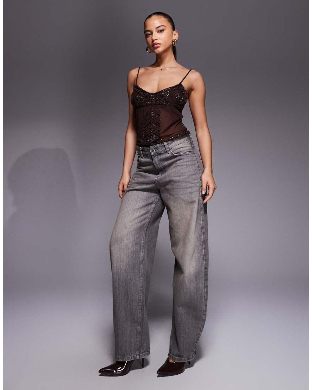 Edikted Gray Azelia Beaded Sheer Chiffon Top