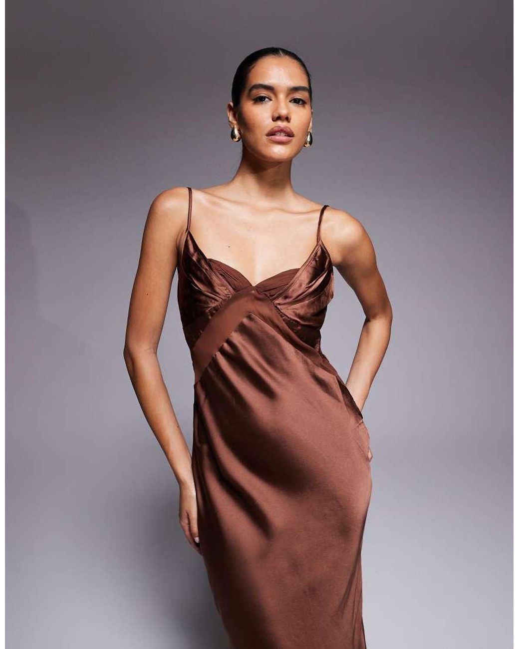 ASOS Brown Satin Chiffon Mix Bust Panelled Maxi Dress