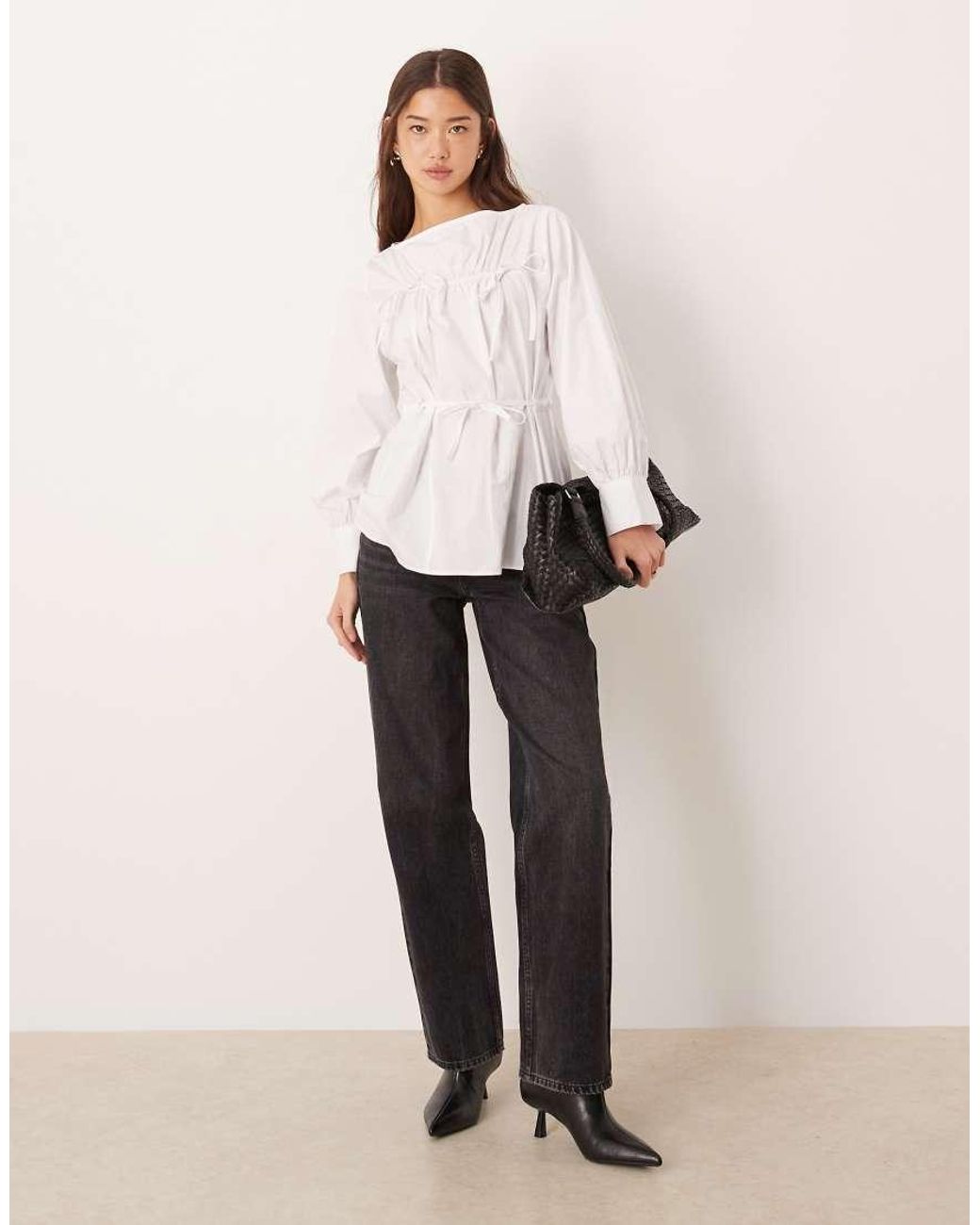 ASOS White Ruched Poplin Tie Front Blouse