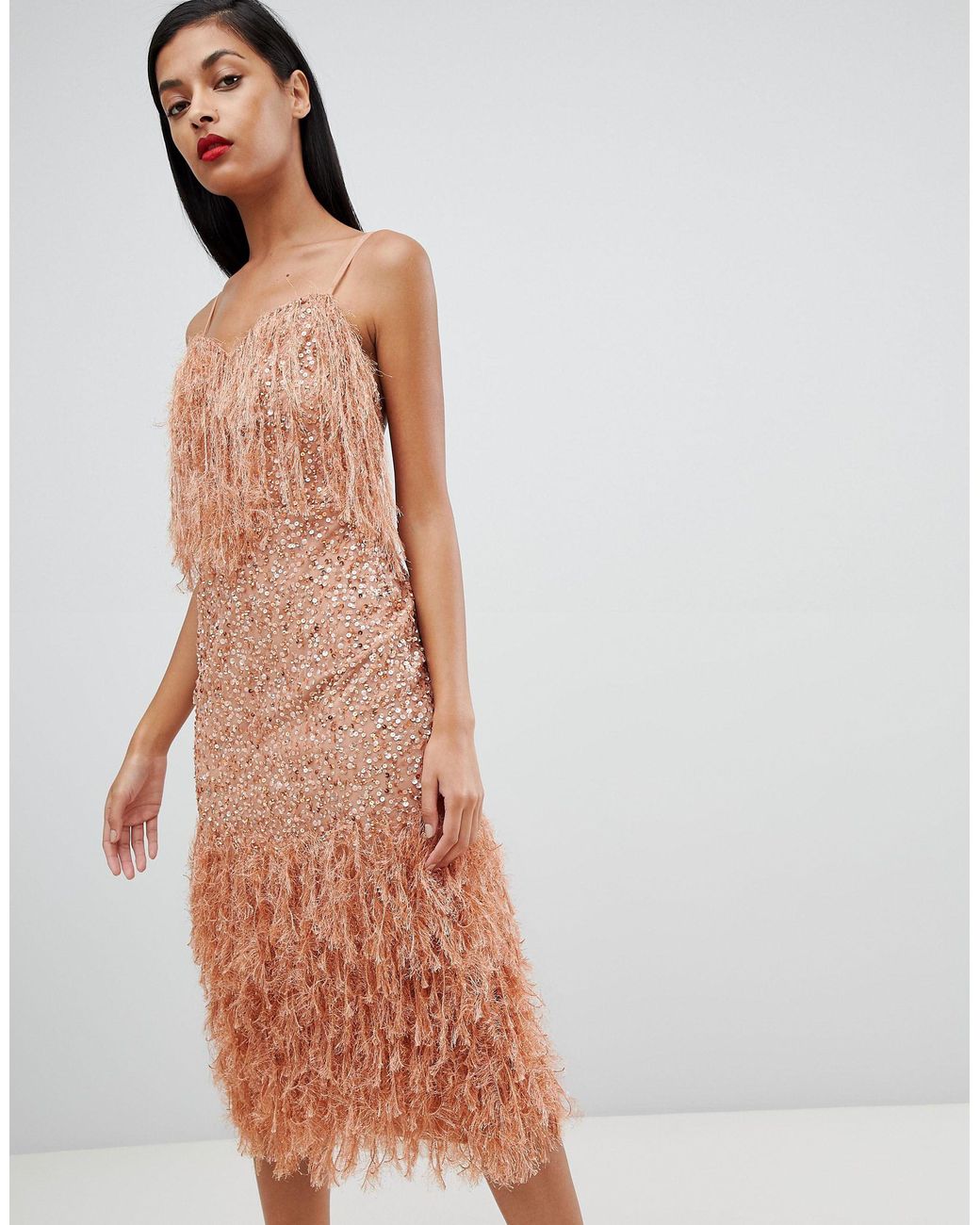 ASOS Faux Feather Trim Sequin Midi Dress in Pink | Lyst