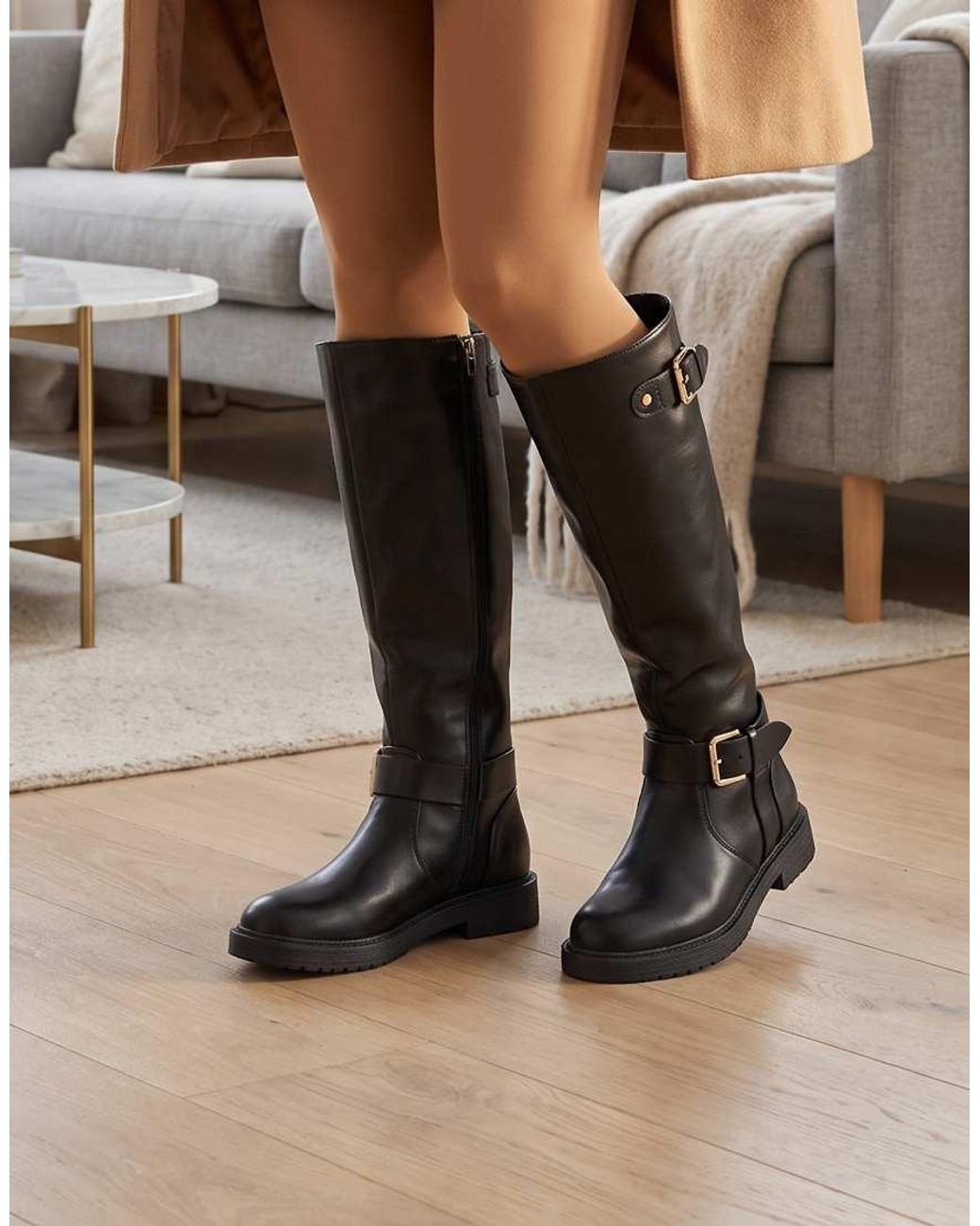 SEQWL Black Knee High Riding Boots With Double Buckles And Straps
