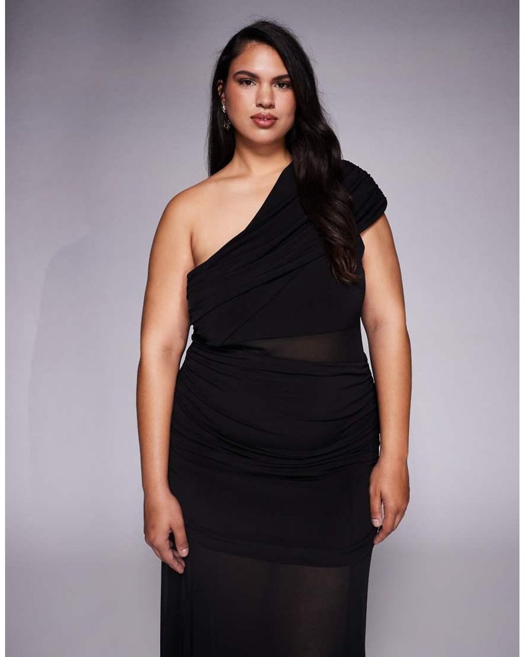 Forever New Black Forever New Plus One Shoulder Mesh Waist Panel Sheer Skirt Maxi Dress