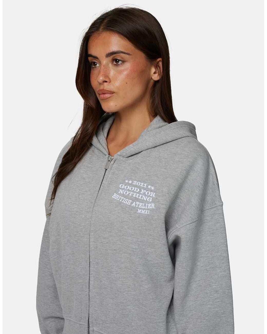 Good For Nothing Gray Baggy Zip Hoodie With Embroidered Logo