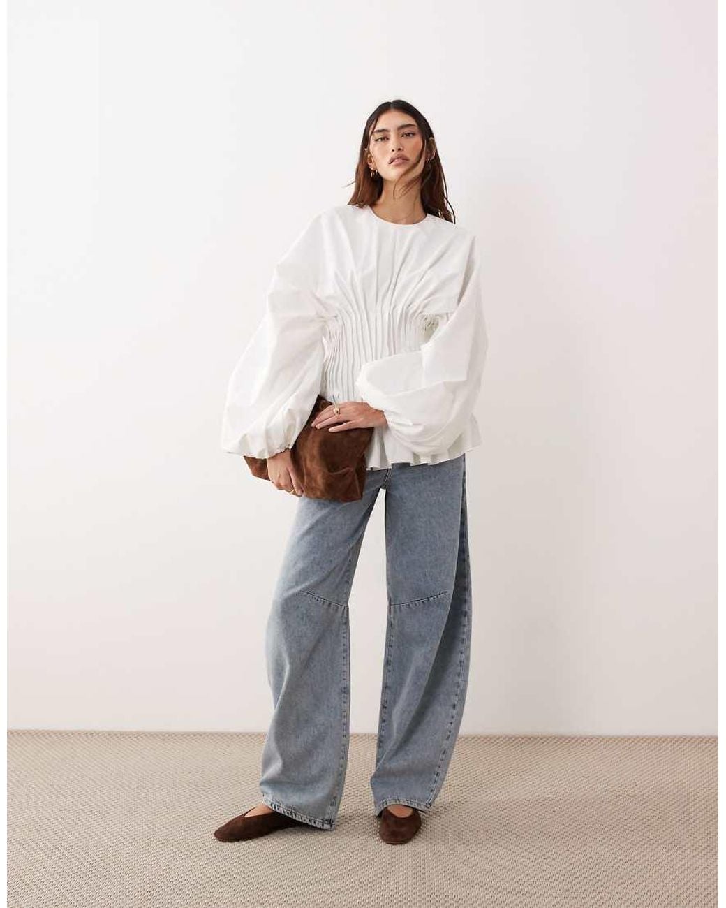 ARRANGE White Volume Sleeve Pleated Cinched Waist Top