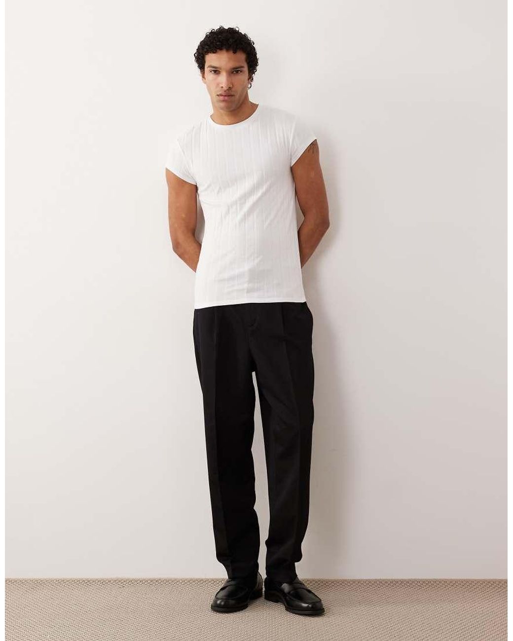 T-Shirt Attillata Bianca A Coste Larghe Con Maniche Ad Aletta di ASOS in White da Uomo