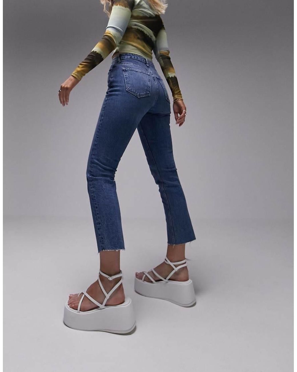 Topshop Hourglass Blue Mid Rise Straight Cropped Jeans With Raw Hems