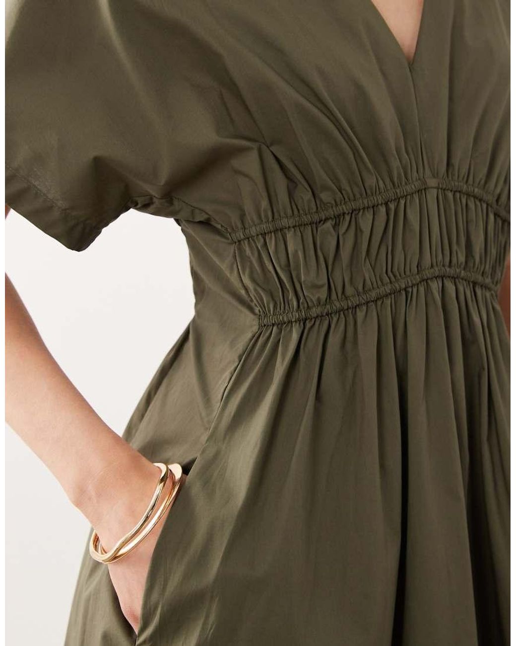 Mango Green V Neck Cinched Waist Midi Dress