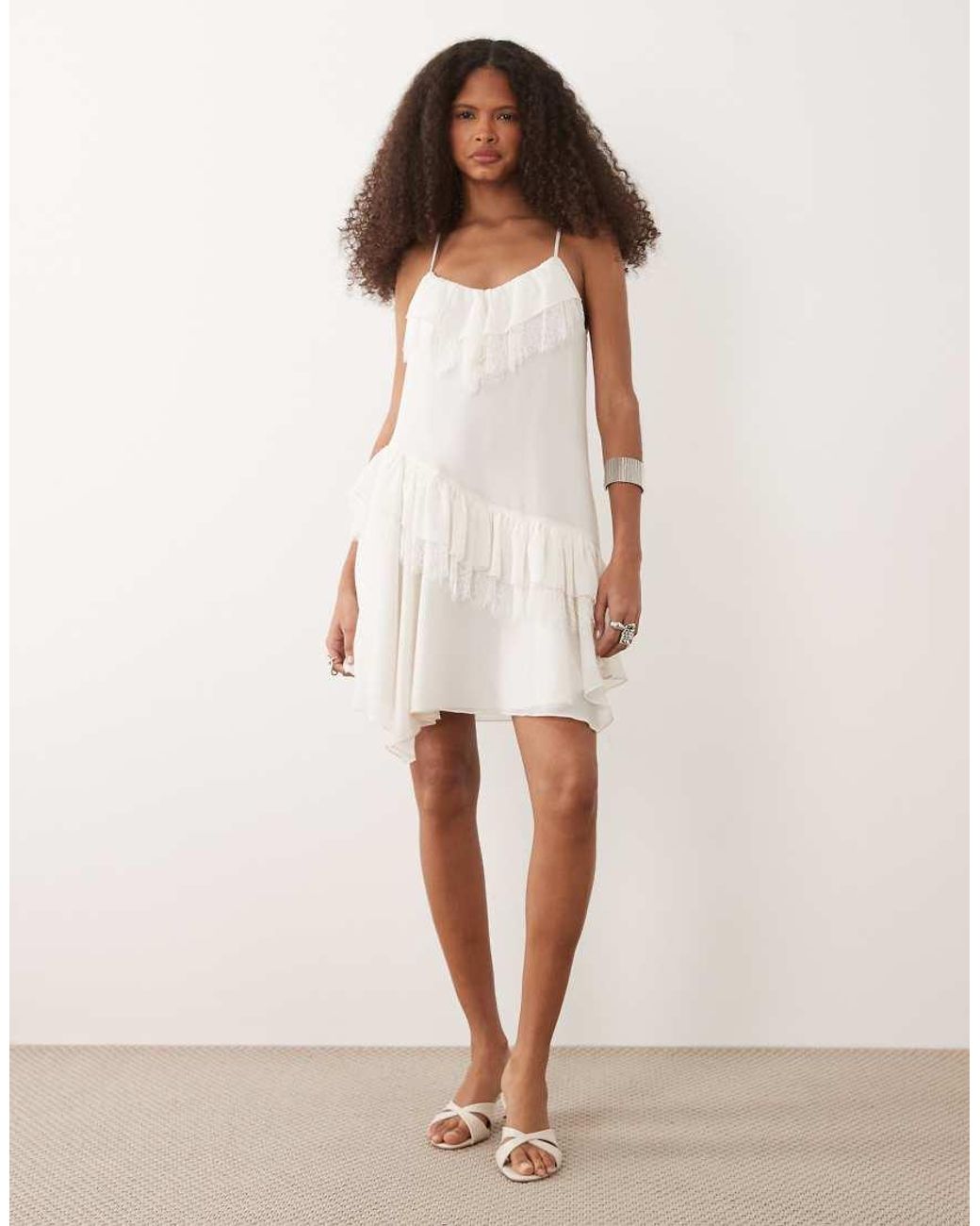 Mango White Ruffle Detail Mini Dress