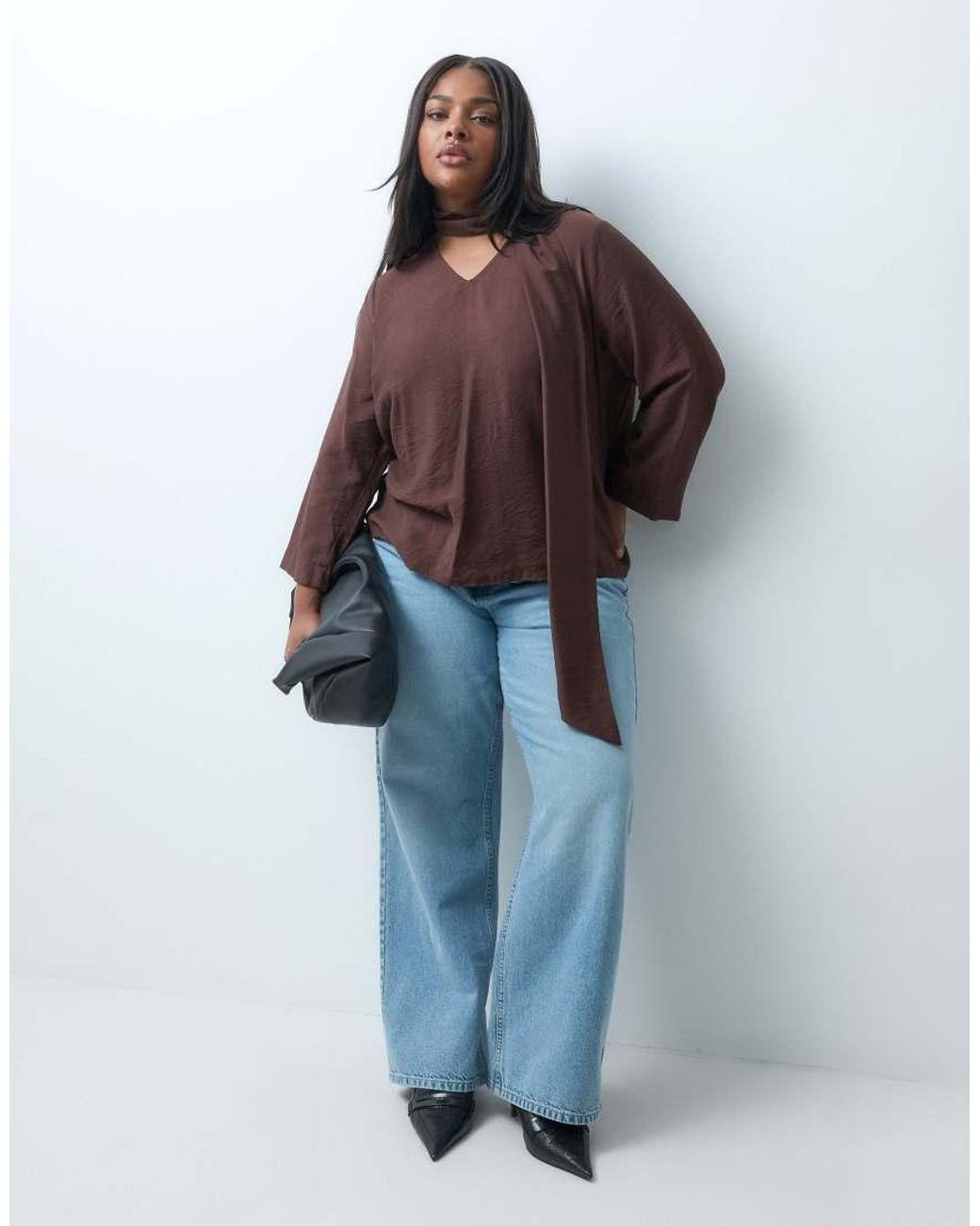 ONLY Brown Long Sleeve V-neck Top With Scarf Detail