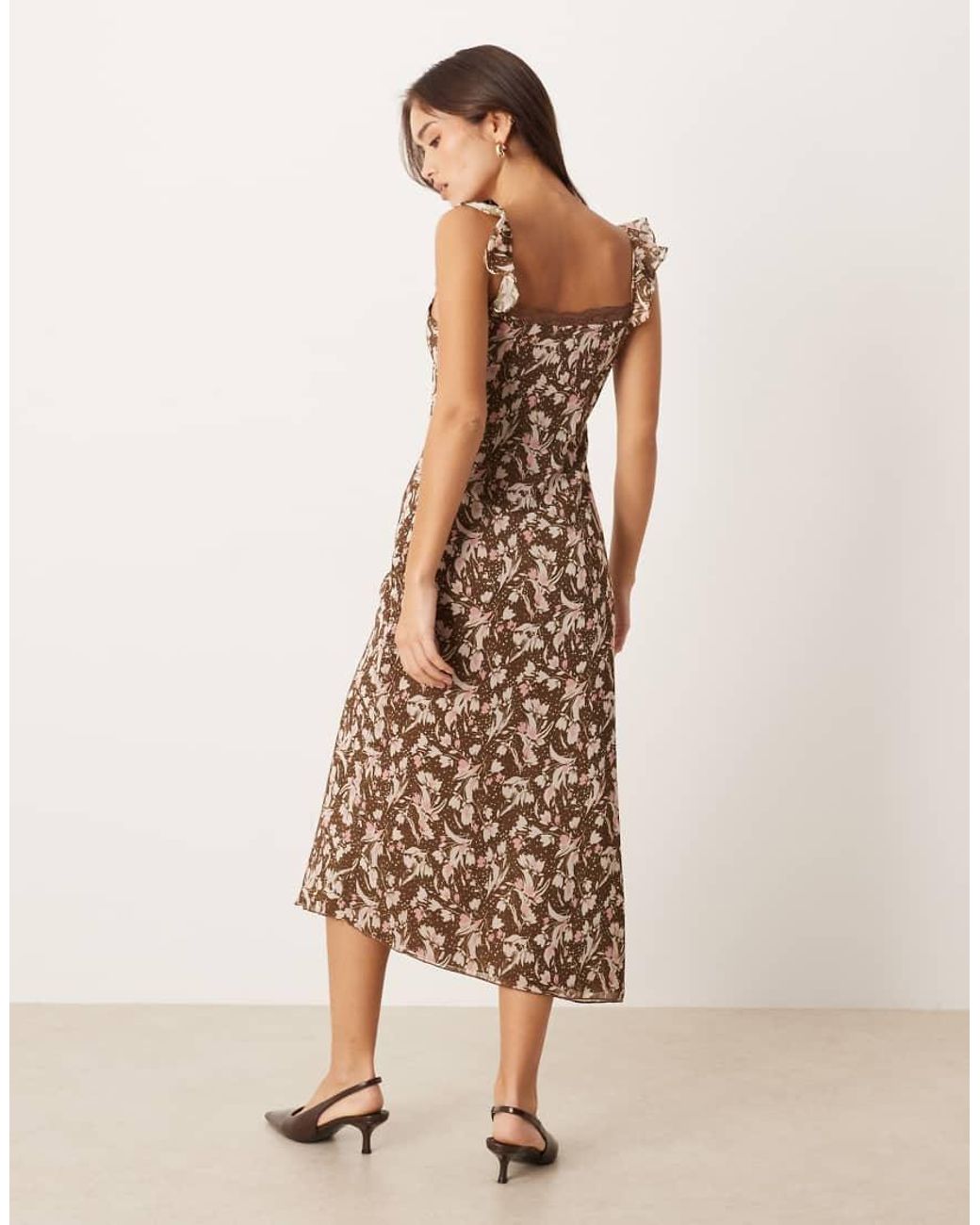 Motel Natural Daita Midi Dress With Lace Trim And Ruffle Sleeves