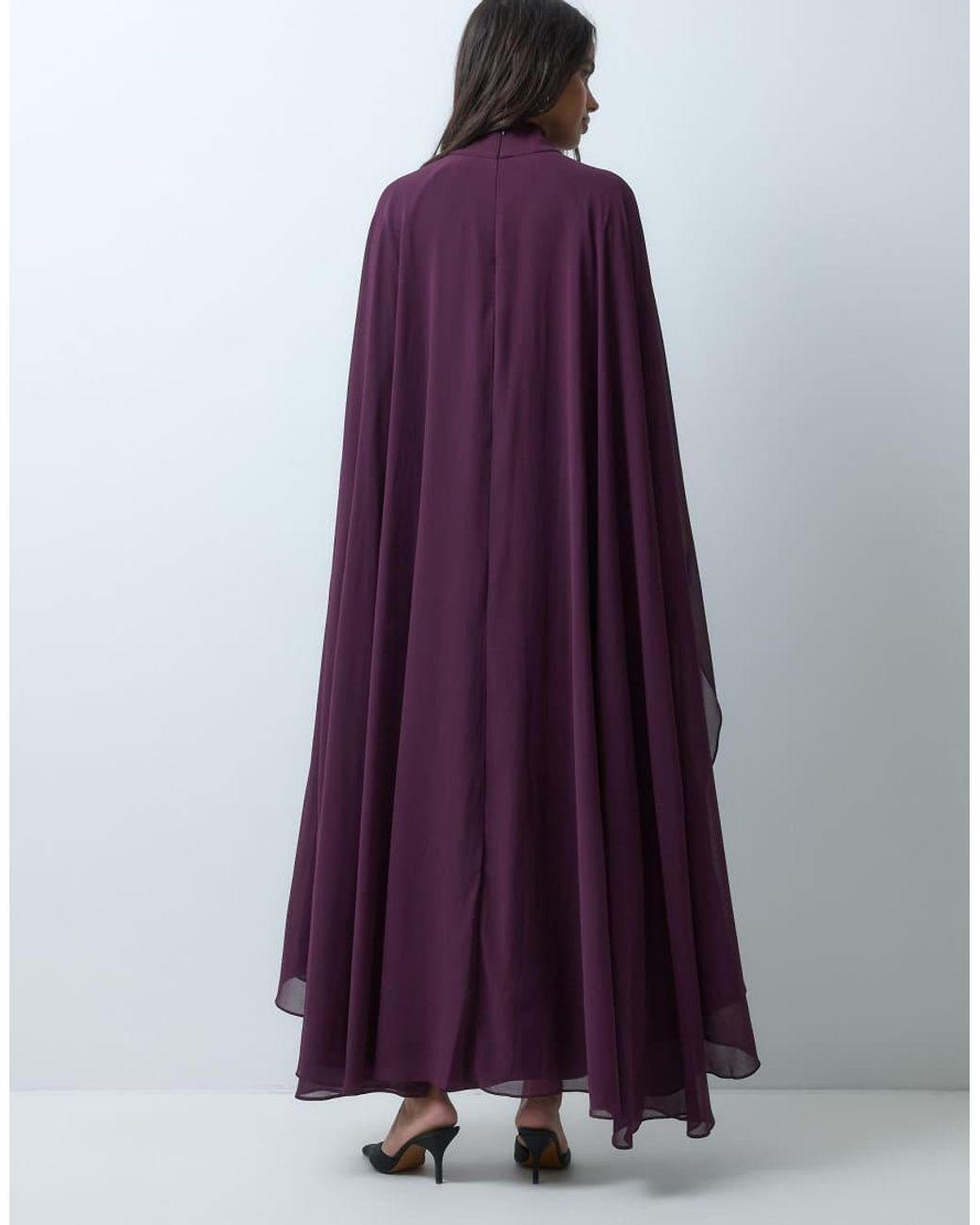 Iyal Purple Chiffon Crepe High Neck Boho Caped Kaftan Maxi Dress
