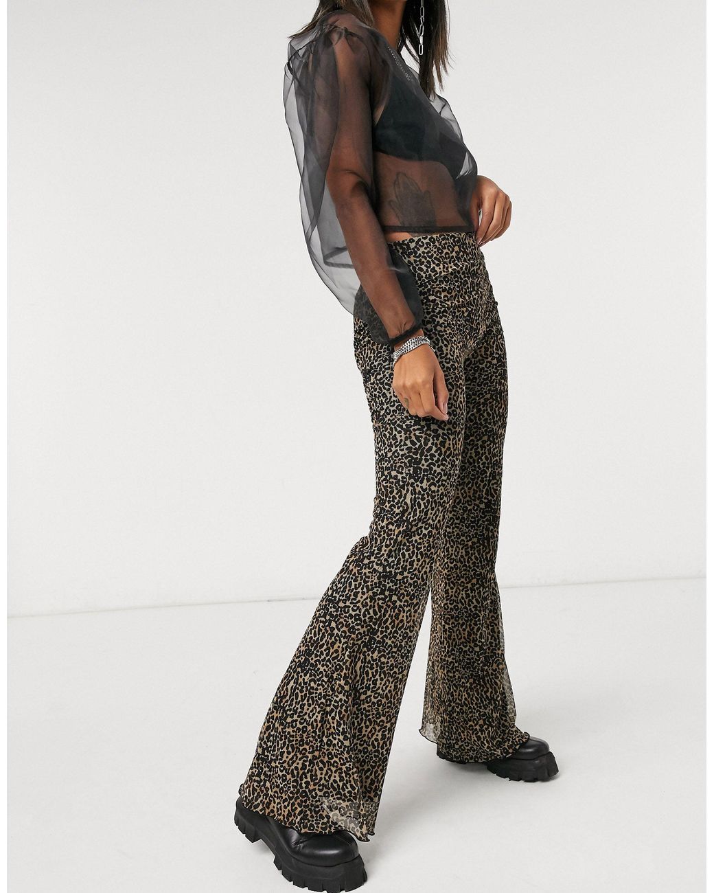 Bershka Leopard Print Jersey Flare Pants in Brown