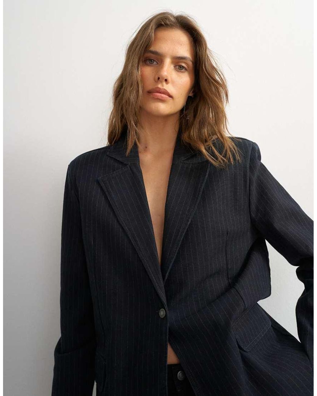 TOPSHOP Black X Cara Oversized Pinstripe Denim Co-Ord Blazer