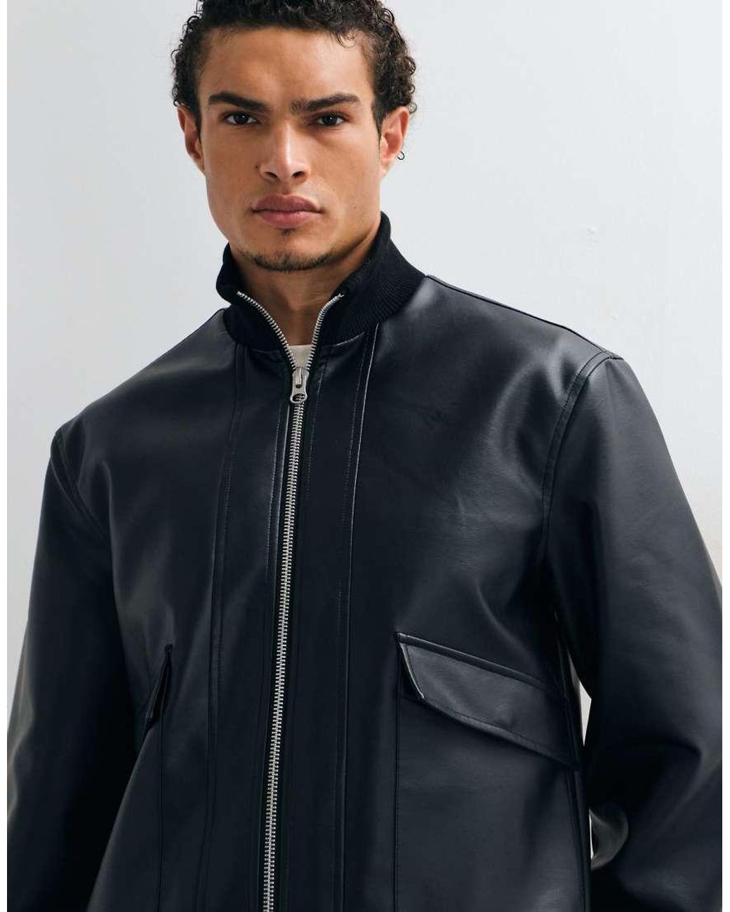 ASOS Blue Double Pocket Leather Look Bomber for men