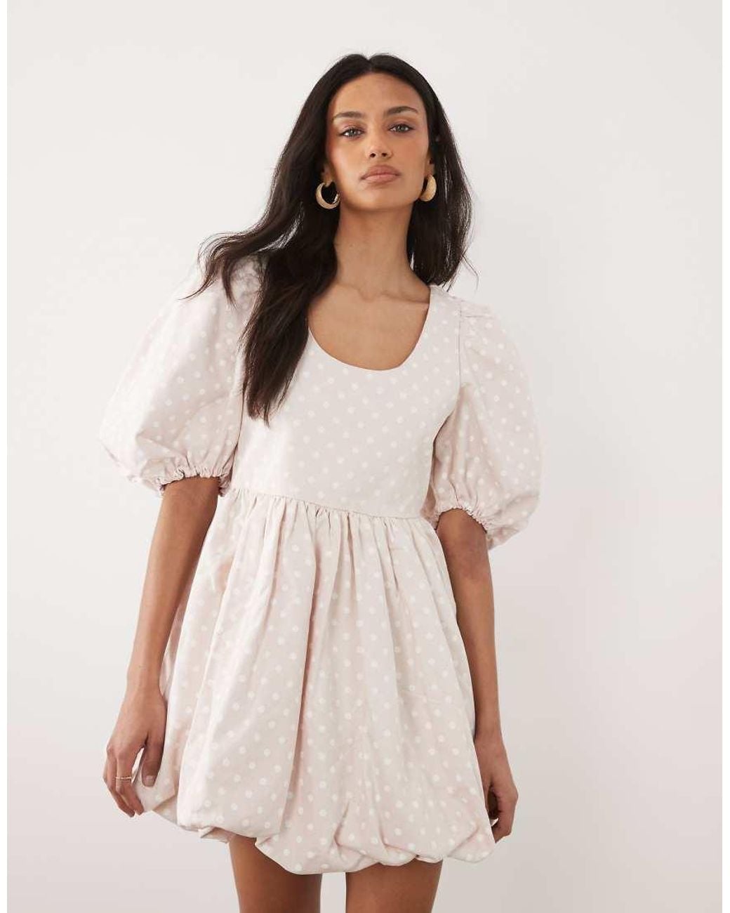 Sister Jane Natural Cotton Denim Polka Dot Puff Sleeve Bubble Hem Mini Dress