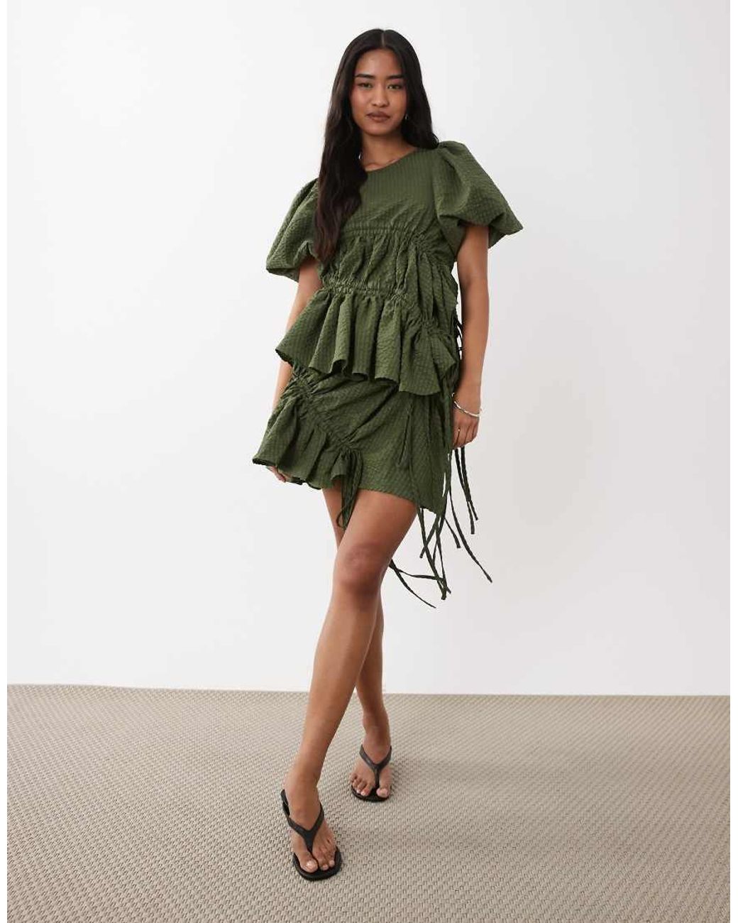 Ghospell Green Ruched Asymmetric Hem Floaty Top Co-Ord