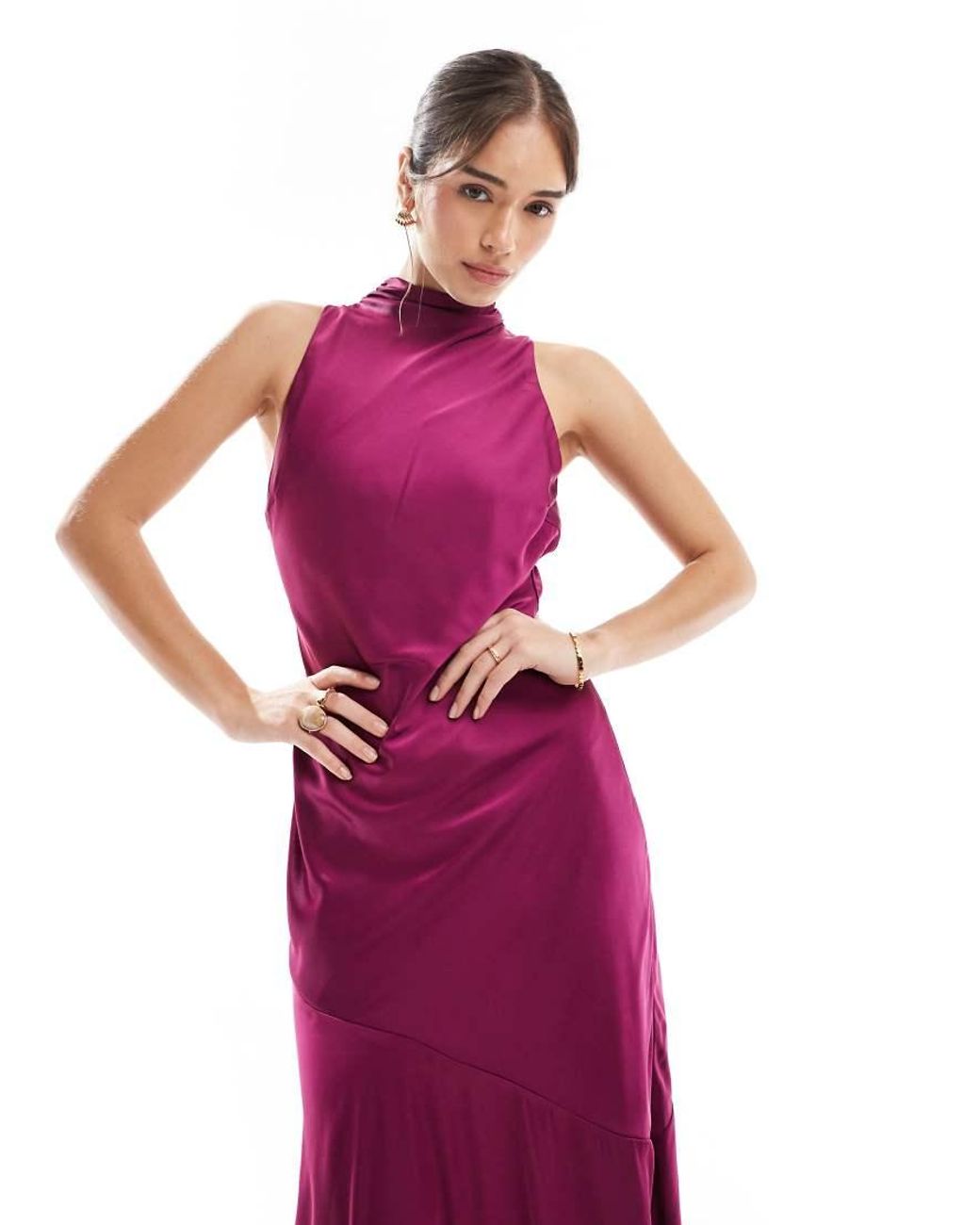 TFNC London Purple Bridesmaids Asymmetric High Neck Satin Maxi Dress
