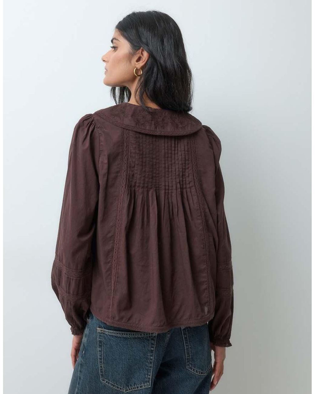 Abercrombie & Fitch Brown Button Front Cinched Blouse With Peter Pan Collar Detail