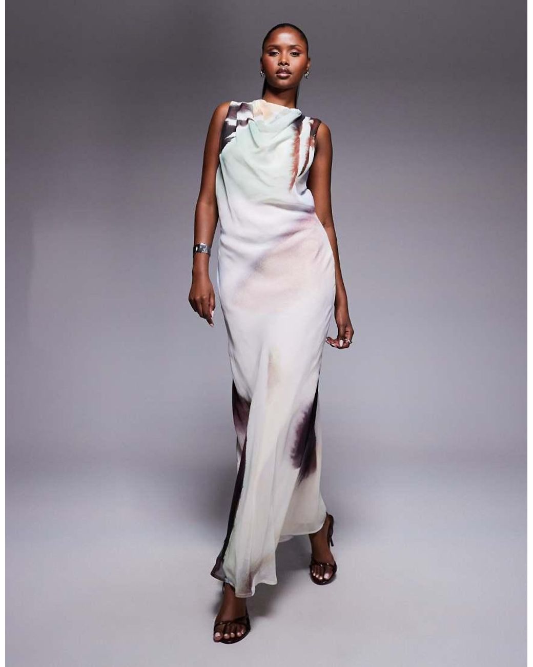 ASOS Multicolor High Neck Draped Column Maxi Dress With Low Cowl Back And Belt Strap Detail