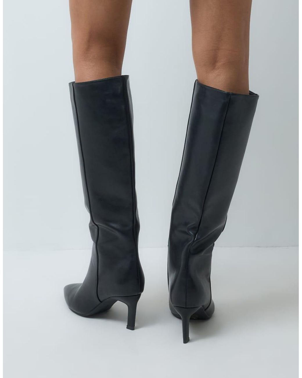 SEQWL Black Benz Knee High Kitten Heel Boots