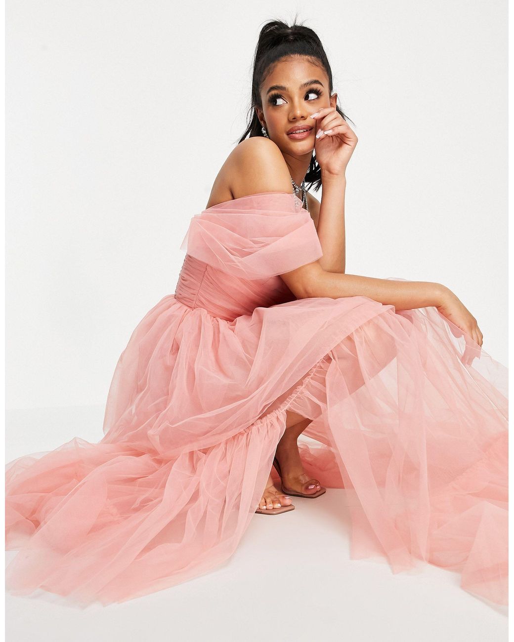 LACE \u0026 BEADS Exclusive Off Shoulder Tulle Maxi Dress in Pink | Lyst