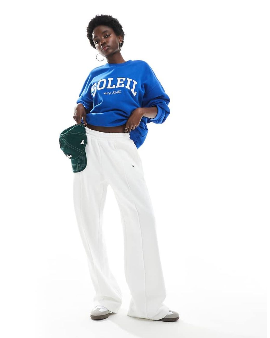4th & Reckless Blue Cotton Embroidered Logo Seam Detail Wide Leg joggers