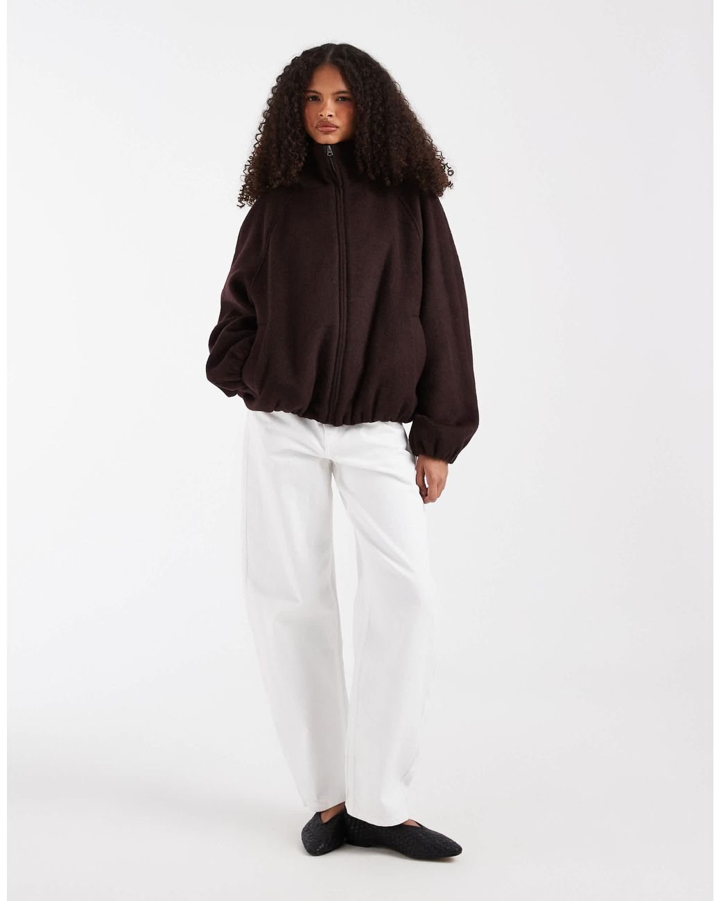 ASOS Brown Funnel Neck Bubble Hem Jacket With Wool