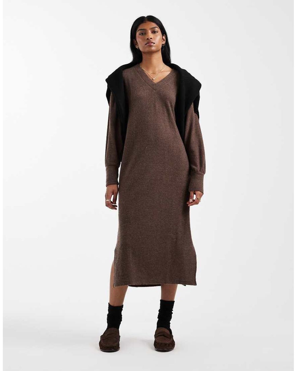 Vero Moda Brown Soft Rib Knit V Neck Midi Dress